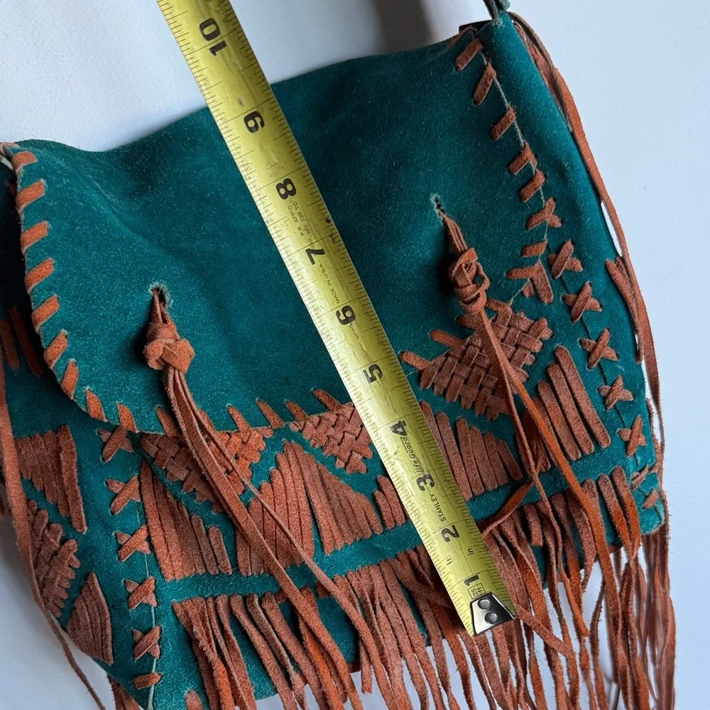 Bohemian Fringe Suede Shoulder Bag - Teal and Brown - Picture 5 of 6